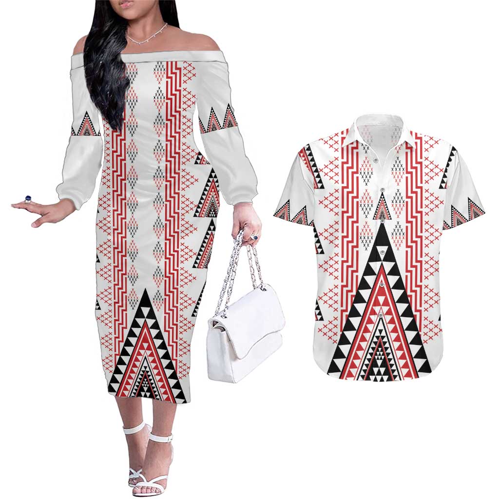 Aotearoa Taniko Couples Matching Off The Shoulder Long Sleeve Dress and Hawaiian Shirt Niho Taniwha Purapura Whetu Mix Poutama LT14 White - Polynesian Pride