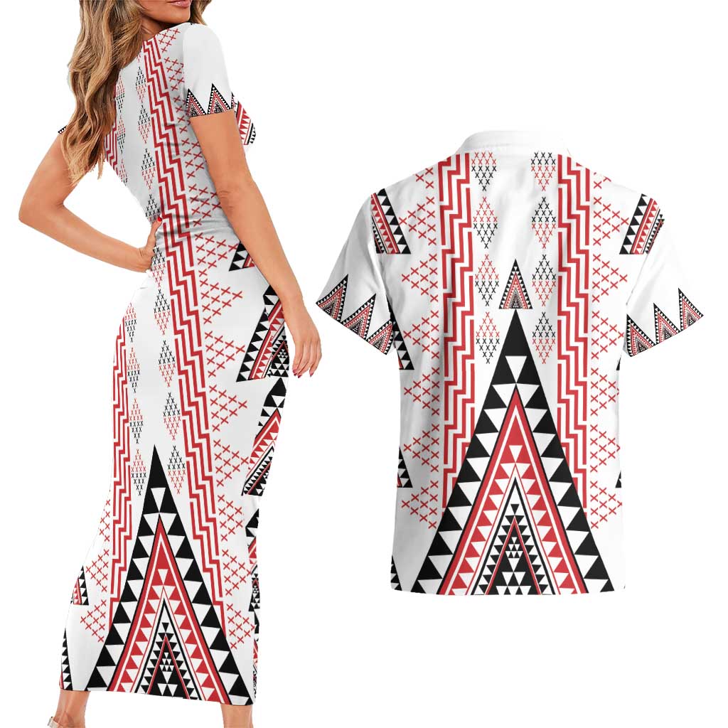 Aotearoa Taniko Couples Matching Short Sleeve Bodycon Dress and Hawaiian Shirt Niho Taniwha Purapura Whetu Mix Poutama LT14 - Polynesian Pride
