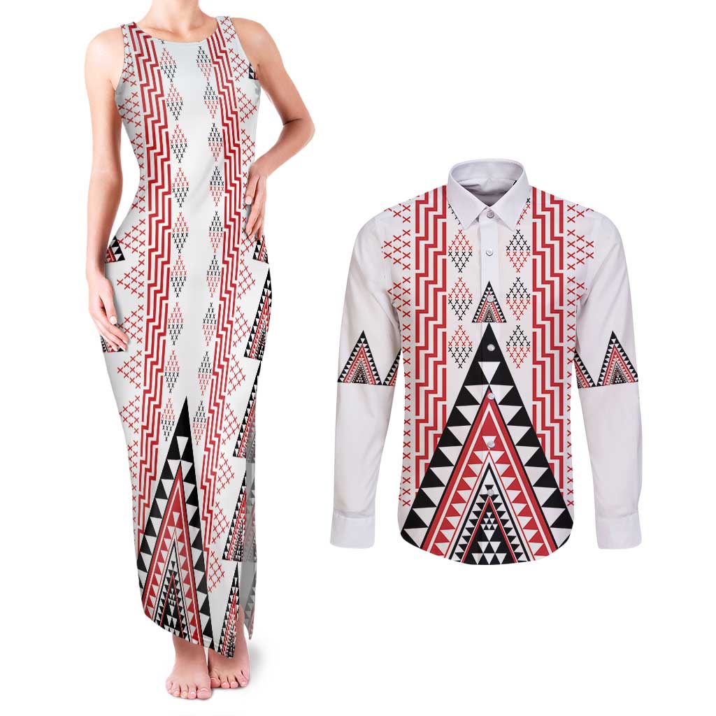 Aotearoa Taniko Couples Matching Tank Maxi Dress and Long Sleeve Button Shirt Niho Taniwha Purapura Whetu Mix Poutama LT14 White - Polynesian Pride
