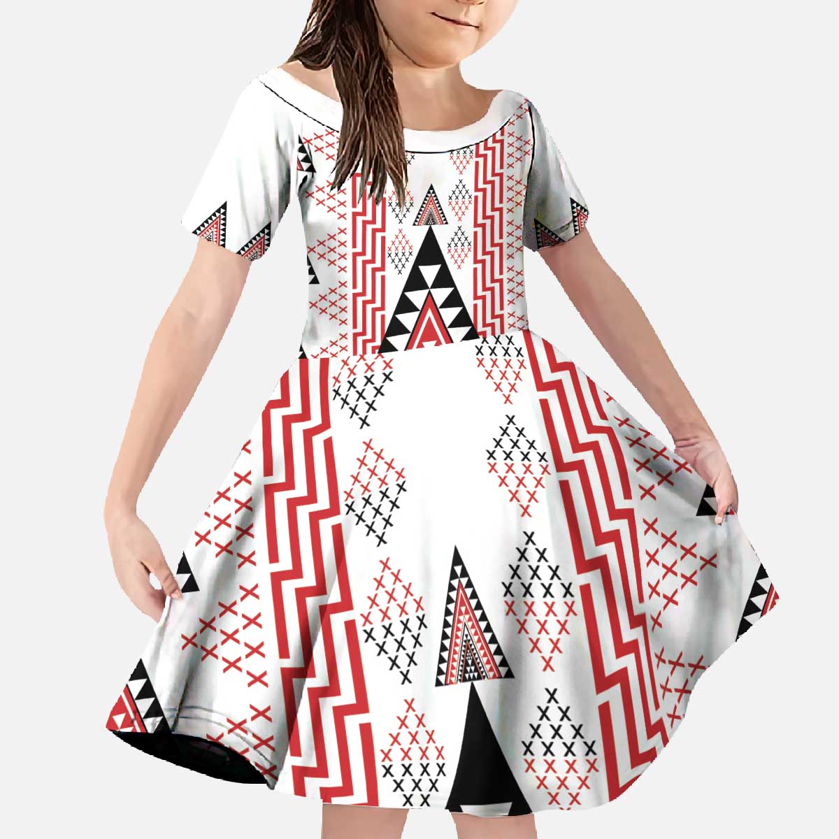 Aotearoa Taniko Family Matching Off The Shoulder Long Sleeve Dress and Hawaiian Shirt Niho Taniwha Purapura Whetu Mix Poutama LT14 Daughter's Dress White - Polynesian Pride