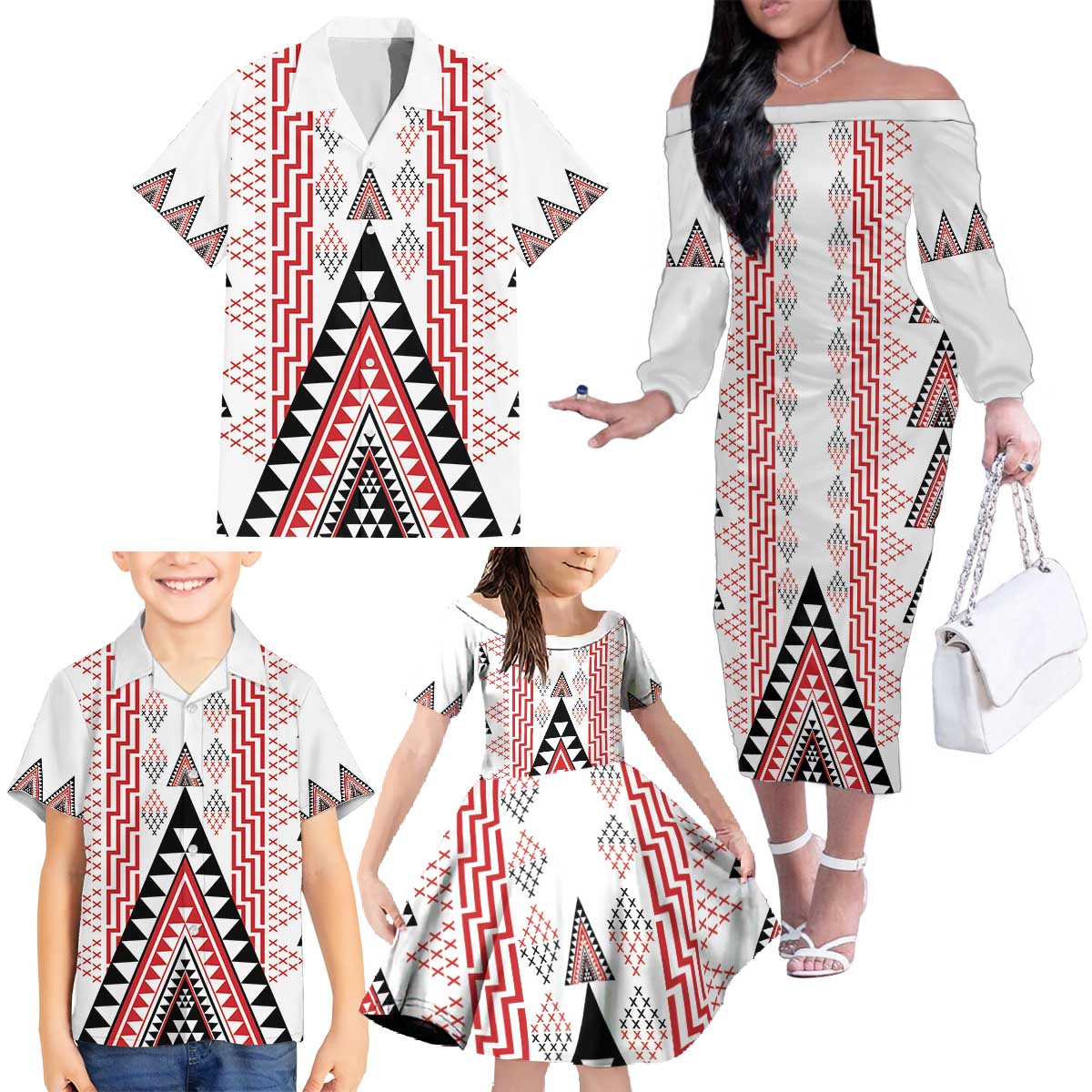 Aotearoa Taniko Family Matching Off The Shoulder Long Sleeve Dress and Hawaiian Shirt Niho Taniwha Purapura Whetu Mix Poutama LT14 - Polynesian Pride