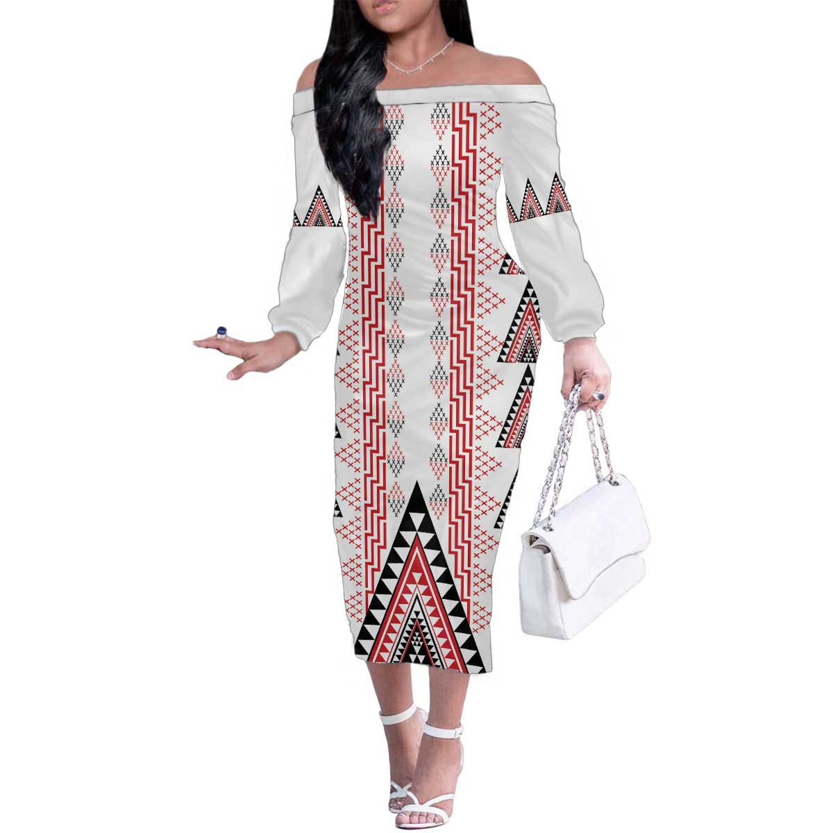 Aotearoa Taniko Family Matching Off The Shoulder Long Sleeve Dress and Hawaiian Shirt Niho Taniwha Purapura Whetu Mix Poutama LT14 Mom's Dress White - Polynesian Pride