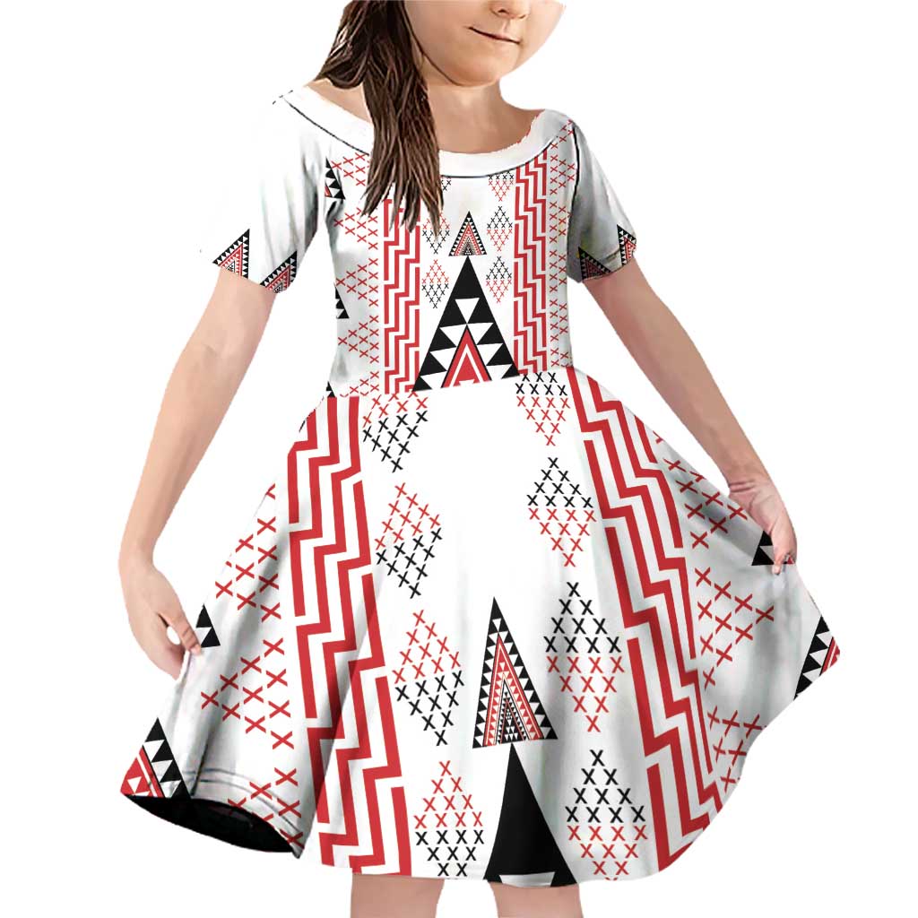 Aotearoa Taniko Family Matching Off Shoulder Short Dress and Hawaiian Shirt Niho Taniwha Purapura Whetu Mix Poutama LT14 Daughter's Dress White - Polynesian Pride