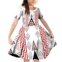 Aotearoa Taniko Family Matching Off Shoulder Short Dress and Hawaiian Shirt Niho Taniwha Purapura Whetu Mix Poutama LT14 Daughter's Dress White - Polynesian Pride