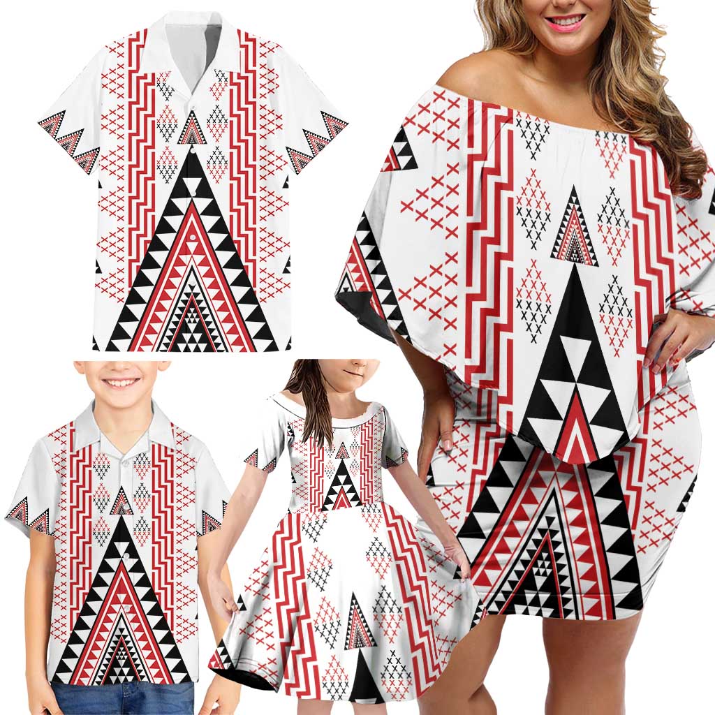Aotearoa Taniko Family Matching Off Shoulder Short Dress and Hawaiian Shirt Niho Taniwha Purapura Whetu Mix Poutama LT14 - Polynesian Pride