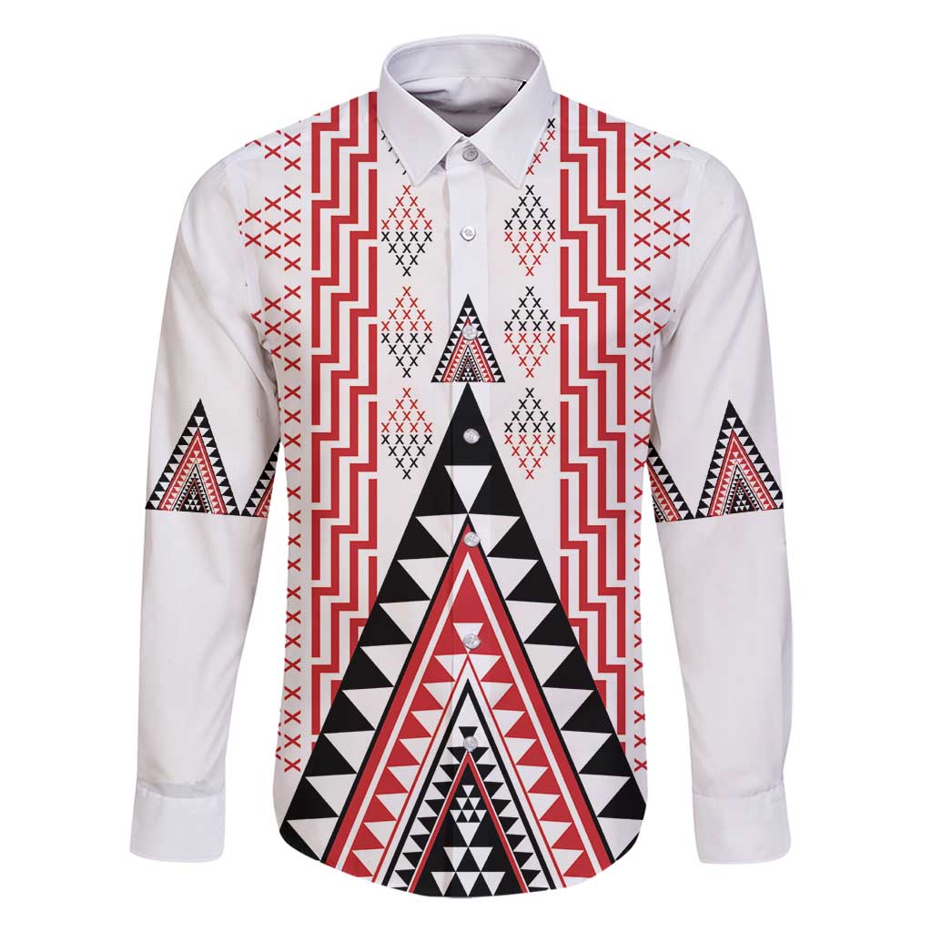Aotearoa Taniko Family Matching Off Shoulder Short Dress and Hawaiian Shirt Niho Taniwha Purapura Whetu Mix Poutama LT14 Dad's Shirt - Long Sleeve White - Polynesian Pride