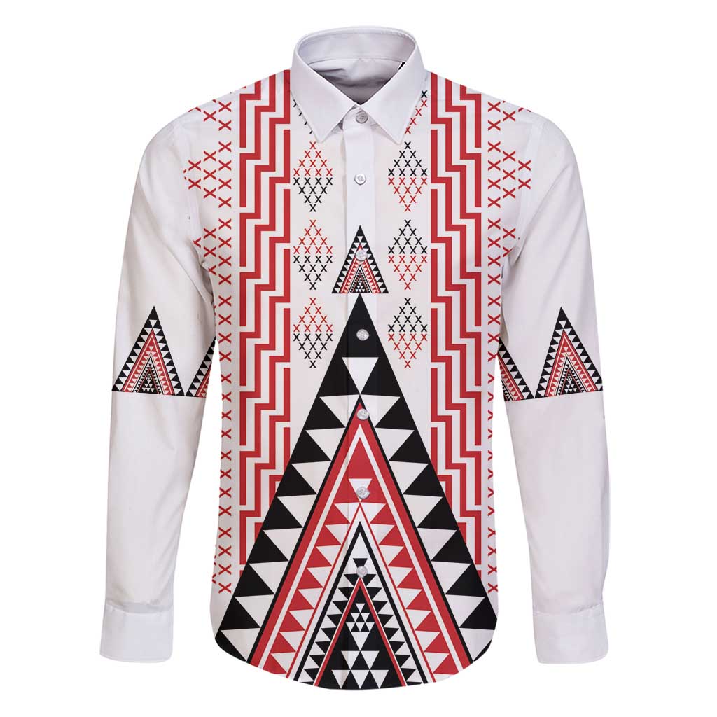 Aotearoa Taniko Family Matching Puletasi and Hawaiian Shirt Niho Taniwha Purapura Whetu Mix Poutama LT14 Dad's Shirt - Long Sleeve White - Polynesian Pride