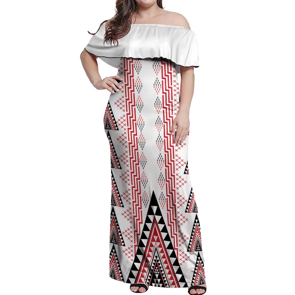 Aotearoa Taniko Off Shoulder Maxi Dress Niho Taniwha Purapura Whetu Mix Poutama