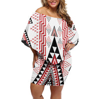 Aotearoa Taniko Off Shoulder Short Dress Niho Taniwha Purapura Whetu Mix Poutama LT14 Women White - Polynesian Pride