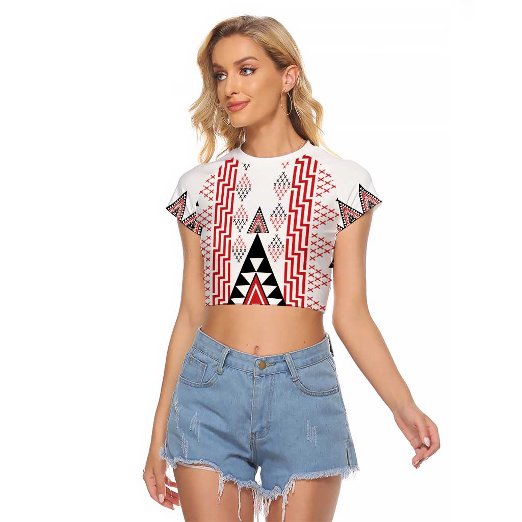 Aotearoa Taniko Raglan Cropped T Shirt Niho Taniwha Purapura Whetu Mix Poutama