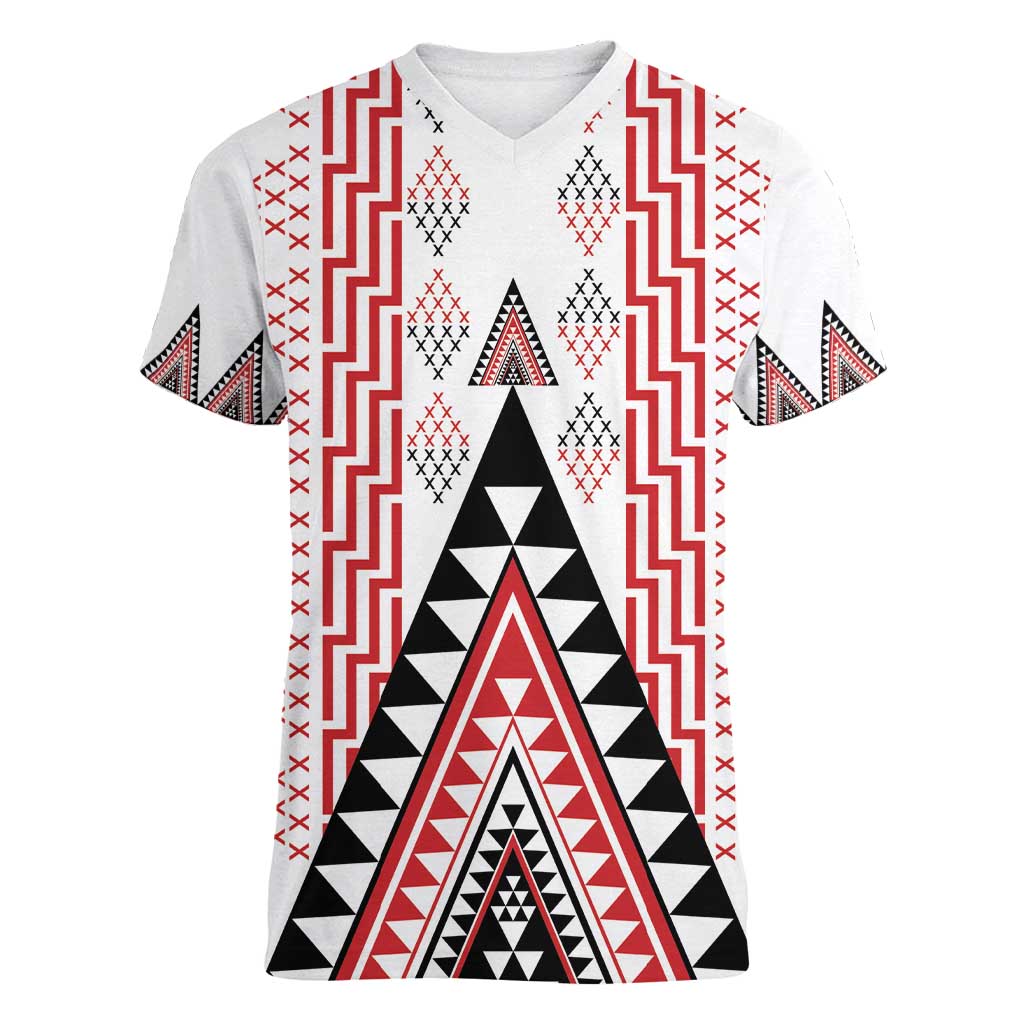 Aotearoa Taniko Women V-Neck T-Shirt Niho Taniwha Purapura Whetu Mix Poutama