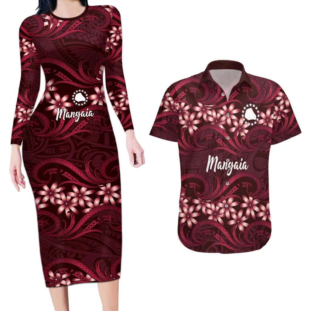 Personalised Cook Islands Mangaia Couples Matching Long Sleeve Bodycon Dress and Hawaiian Shirt Tiare Maori Polynesian Waves Tattoo LT14 Burgundy - Polynesian Pride