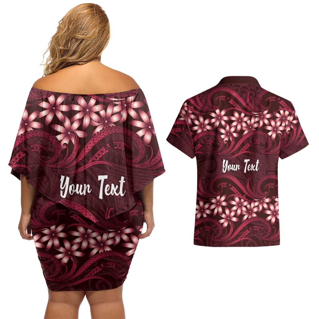 Personalised Cook Islands Mangaia Couples Matching Off Shoulder Short Dress and Hawaiian Shirt Tiare Maori Polynesian Waves Tattoo LT14 - Polynesian Pride