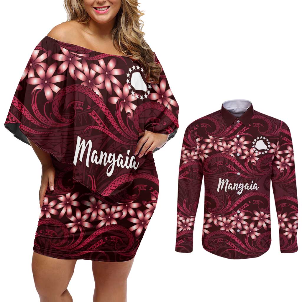 Personalised Cook Islands Mangaia Couples Matching Off Shoulder Short Dress and Long Sleeve Button Shirt Tiare Maori Polynesian Waves Tattoo