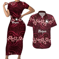 Personalised Cook Islands Mangaia Couples Matching Short Sleeve Bodycon Dress and Hawaiian Shirt Tiare Maori Polynesian Waves Tattoo LT14 Burgundy - Polynesian Pride