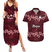 Personalised Cook Islands Mangaia Couples Matching Summer Maxi Dress and Hawaiian Shirt Tiare Maori Polynesian Waves Tattoo LT14 Burgundy - Polynesian Pride