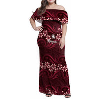 Personalised Cook Islands Mangaia Family Matching Off Shoulder Maxi Dress and Hawaiian Shirt Tiare Maori Polynesian Waves Tattoo LT14 Mom's Dress Burgundy - Polynesian Pride
