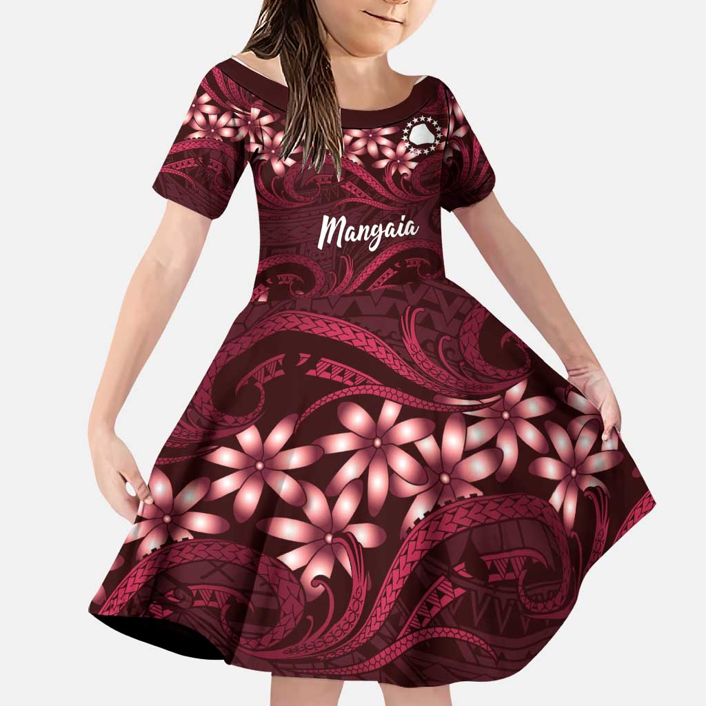 Personalised Cook Islands Mangaia Family Matching Puletasi and Hawaiian Shirt Tiare Maori Polynesian Waves Tattoo LT14 Daughter's Dress Burgundy - Polynesian Pride