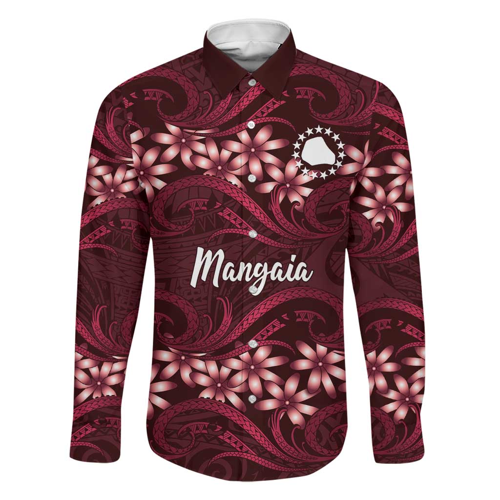 Personalised Cook Islands Mangaia Family Matching Puletasi and Hawaiian Shirt Tiare Maori Polynesian Waves Tattoo LT14 Dad's Shirt - Long Sleeve Burgundy - Polynesian Pride