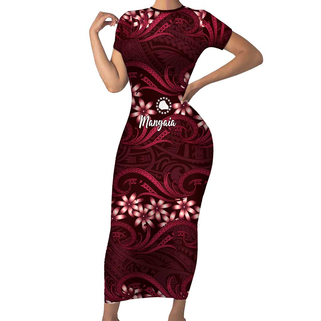 Personalised Cook Islands Mangaia Family Matching Short Sleeve Bodycon Dress and Hawaiian Shirt Tiare Maori Polynesian Waves Tattoo LT14 Mom's Dress Burgundy - Polynesian Pride