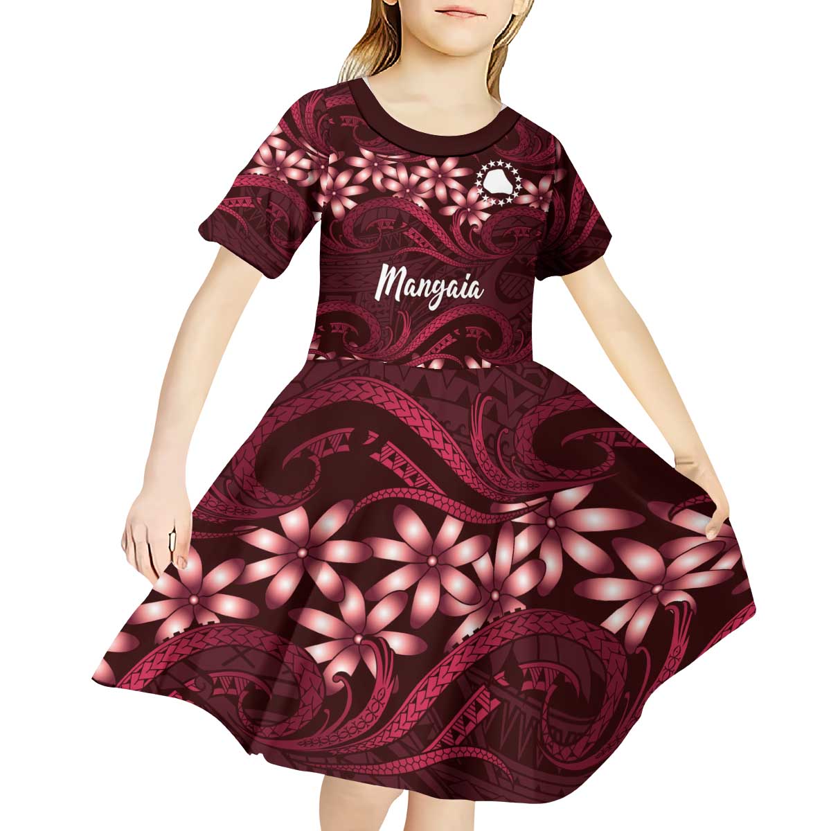 Personalised Cook Islands Mangaia Kid Short Sleeve Dress Tiare Maori Polynesian Waves Tattoo