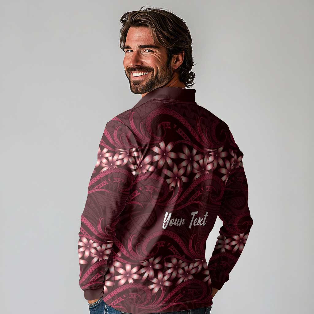 Personalised Cook Islands Mangaia Long Sleeve Polo Shirt Tiare Maori Polynesian Waves Tattoo