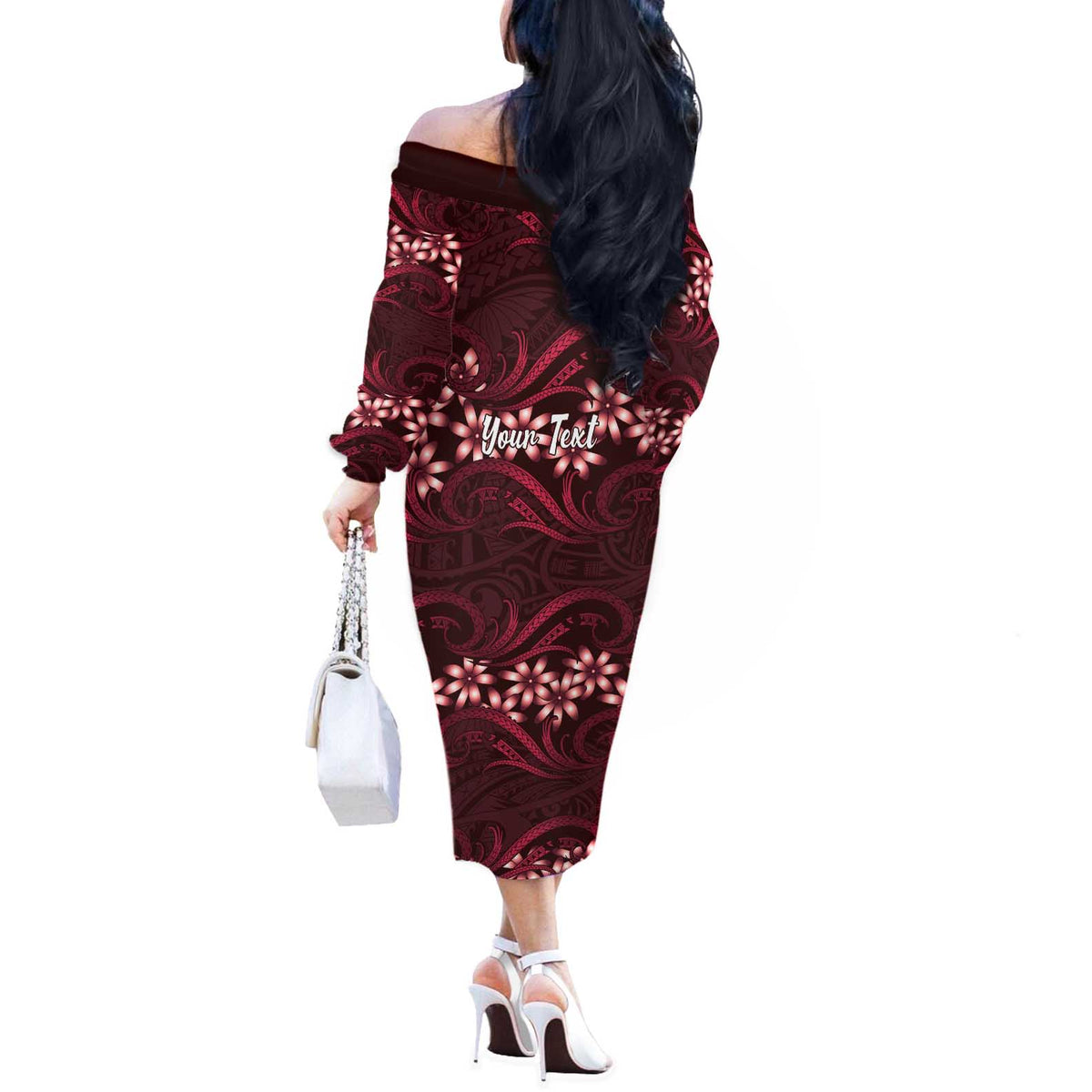 Personalised Cook Islands Mangaia Off The Shoulder Long Sleeve Dress Tiare Maori Polynesian Waves Tattoo