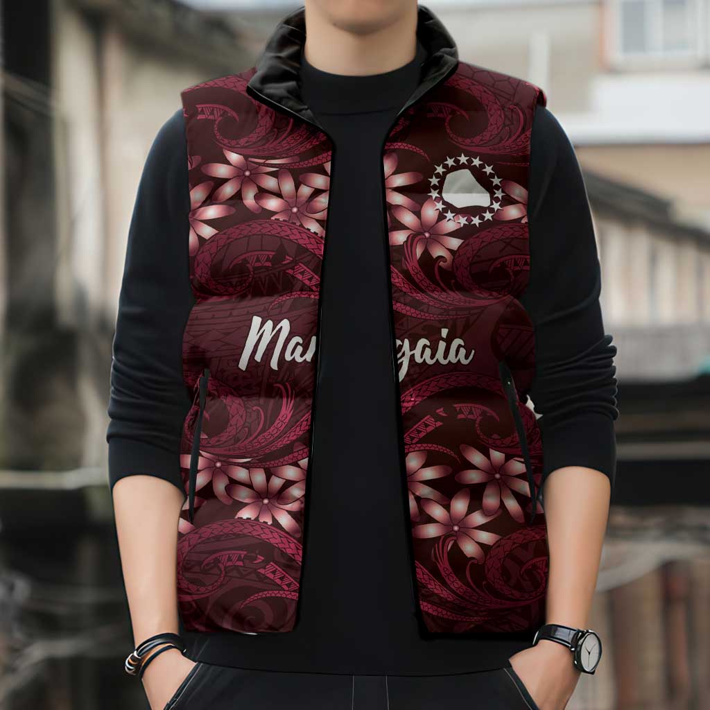 Personalised Cook Islands Mangaia Sleeveless Puffer Jacket Tiare Maori Polynesian Waves Tattoo
