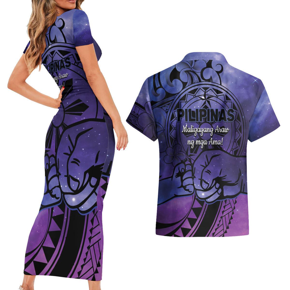 Philippines Father's Day Couples Matching Short Sleeve Bodycon Dress and Hawaiian Shirt Polynesian Tattoo Galaxy Vibes