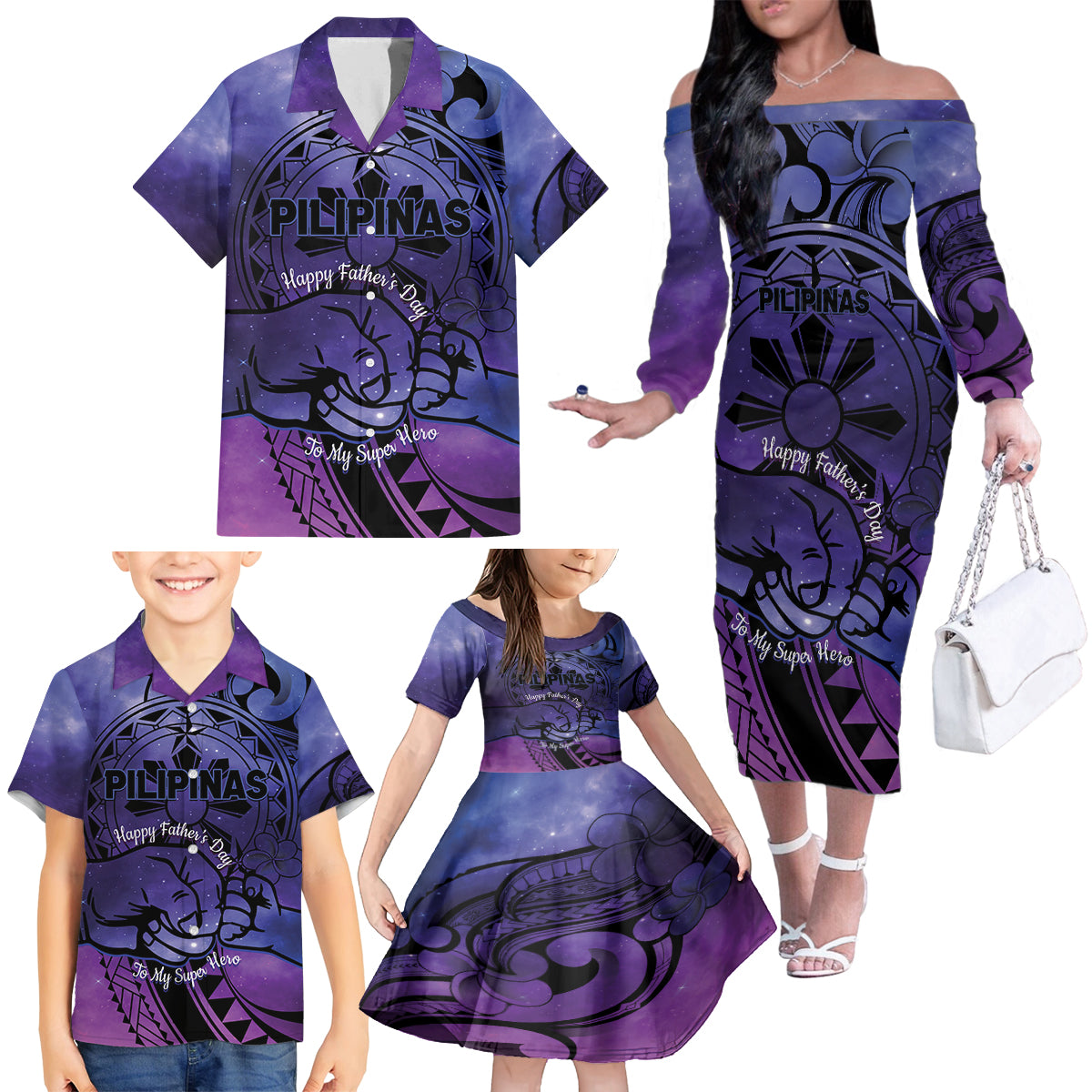 Philippines Father's Day Family Matching Off The Shoulder Long Sleeve Dress and Hawaiian Shirt Polynesian Tattoo Galaxy Vibes LT14 - Polynesian Pride
