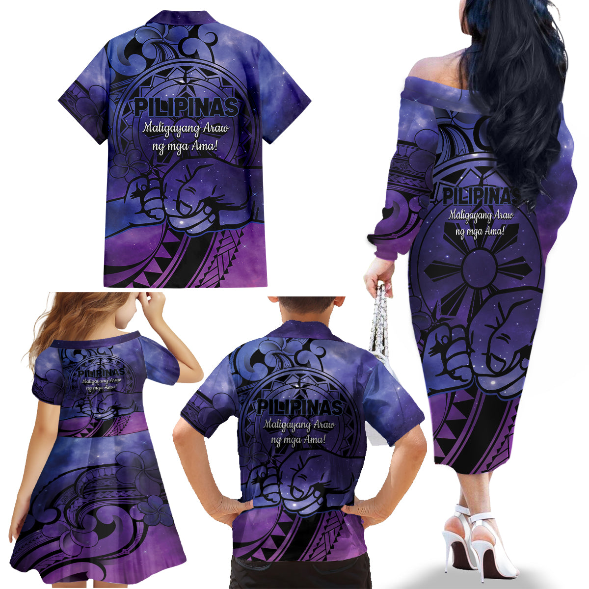 Philippines Father's Day Family Matching Off The Shoulder Long Sleeve Dress and Hawaiian Shirt Polynesian Tattoo Galaxy Vibes LT14 - Polynesian Pride