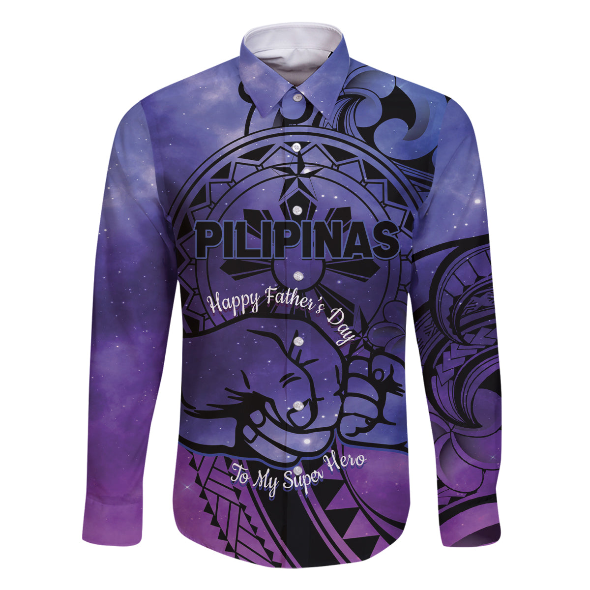 Philippines Father's Day Family Matching Off The Shoulder Long Sleeve Dress and Hawaiian Shirt Polynesian Tattoo Galaxy Vibes LT14 Dad's Shirt - Long Sleeve Blue - Polynesian Pride