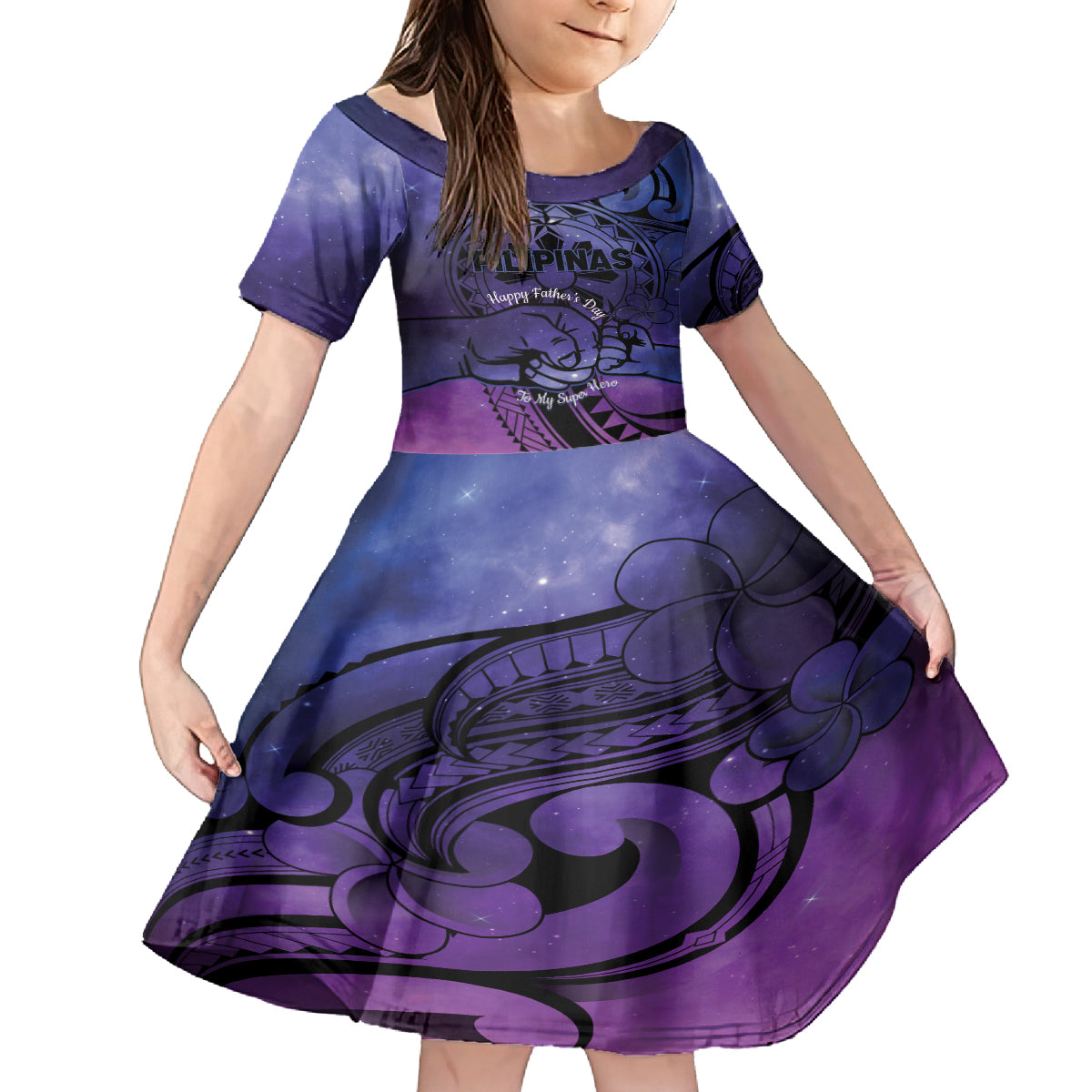 Philippines Father's Day Family Matching Off Shoulder Short Dress and Hawaiian Shirt Polynesian Tattoo Galaxy Vibes LT14 Daughter's Dress Blue - Polynesian Pride