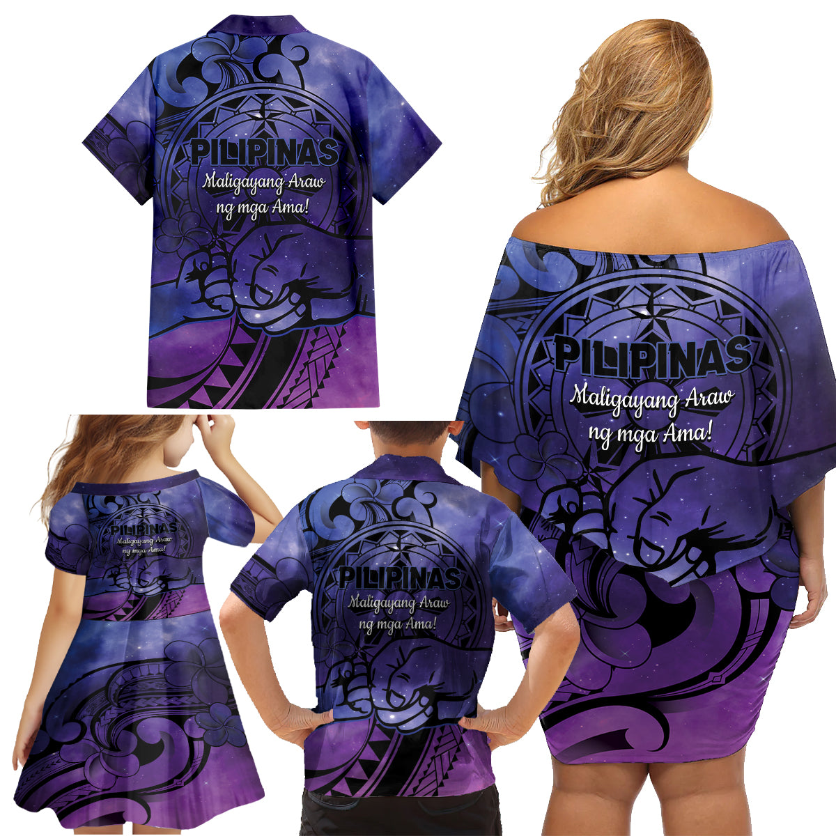 Philippines Father's Day Family Matching Off Shoulder Short Dress and Hawaiian Shirt Polynesian Tattoo Galaxy Vibes LT14 - Polynesian Pride
