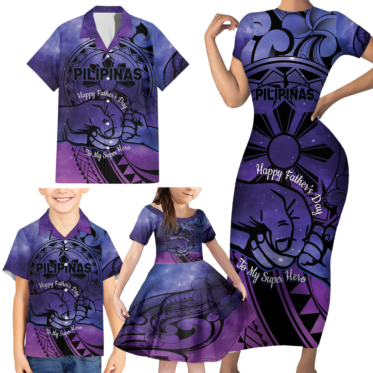 Philippines Father's Day Family Matching Short Sleeve Bodycon Dress and Hawaiian Shirt Polynesian Tattoo Galaxy Vibes LT14 - Polynesian Pride