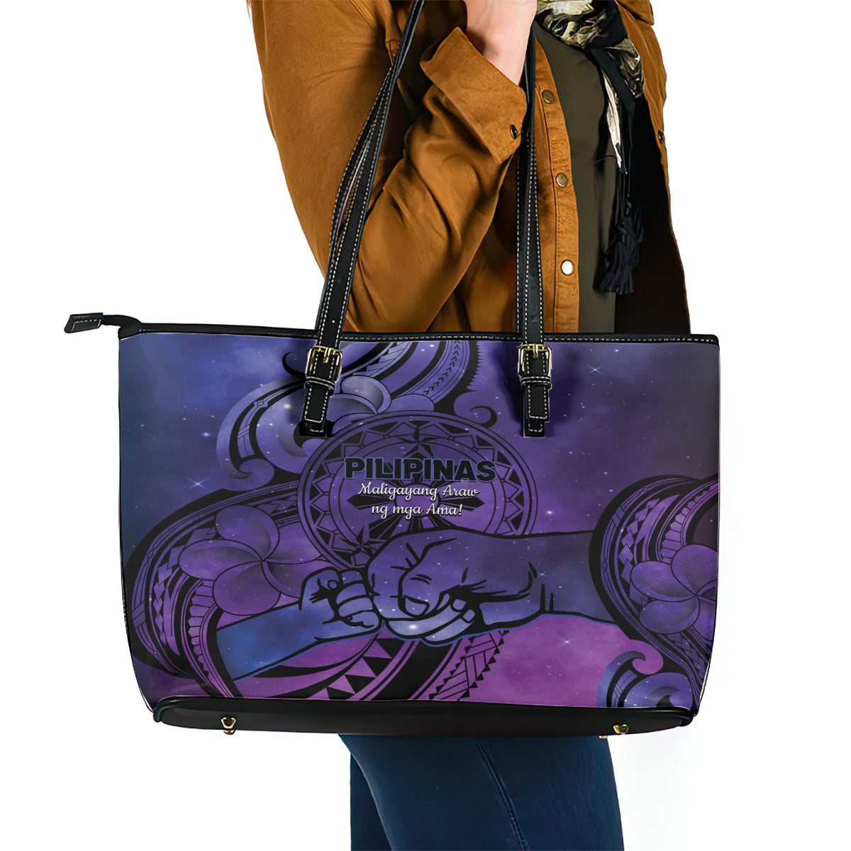 Philippines Father's Day Leather Tote Bag Polynesian Tattoo Galaxy Vibes