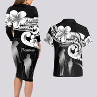 Guam Father's Day Couples Matching Long Sleeve Bodycon Dress and Hawaiian Shirt Chamorro Latte Stone Polynesian Pattern