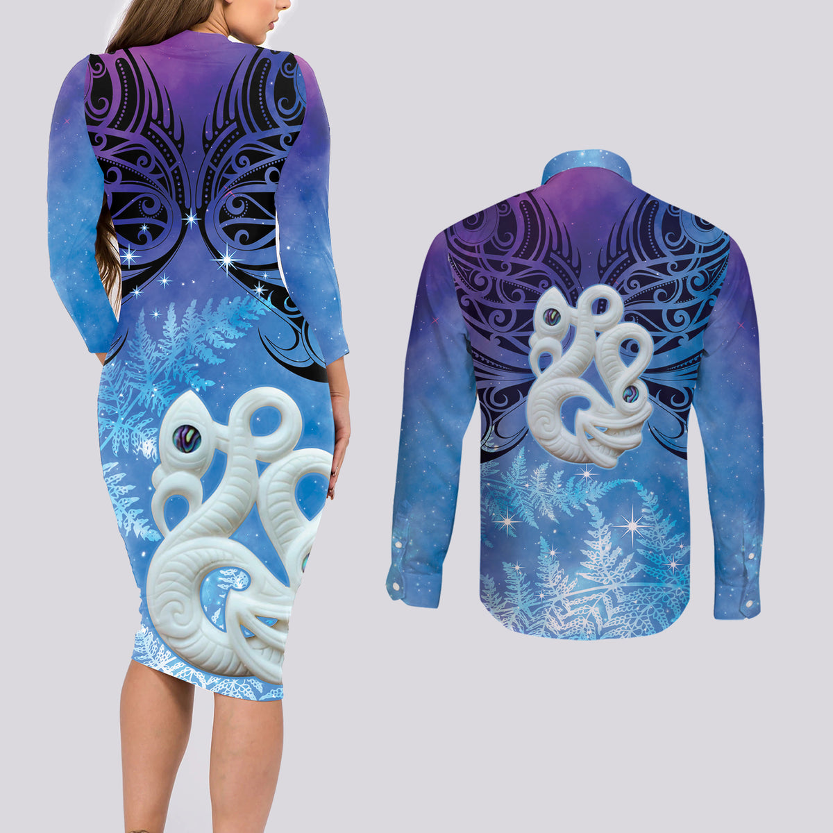 New Zealand Matariki Couples Matching Long Sleeve Bodycon Dress and Long Sleeve Button Shirt Aotearoa Maori New Year Manaia Galaxy Vibes LT14 - Polynesian Pride