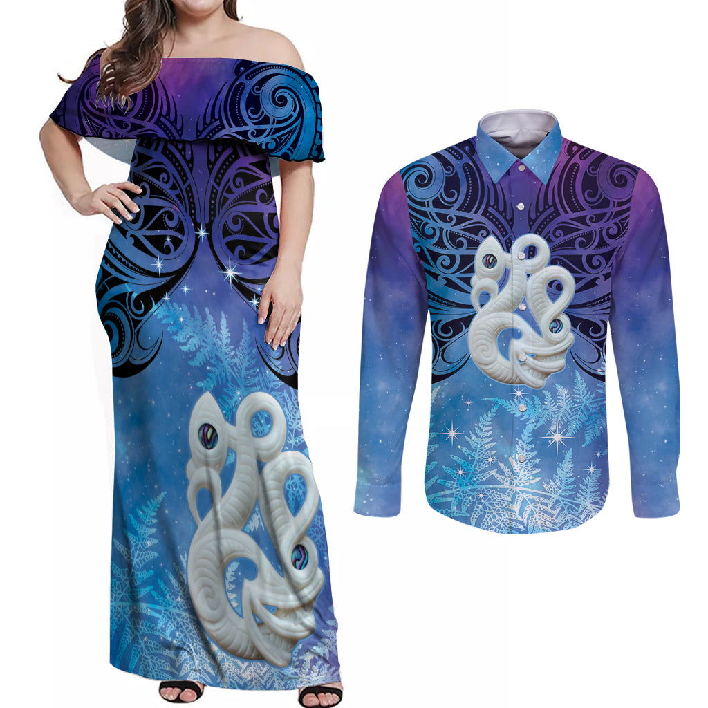New Zealand Matariki Couples Matching Off Shoulder Maxi Dress and Long Sleeve Button Shirt Aotearoa Maori New Year Manaia Galaxy Vibes LT14 Blue - Polynesian Pride