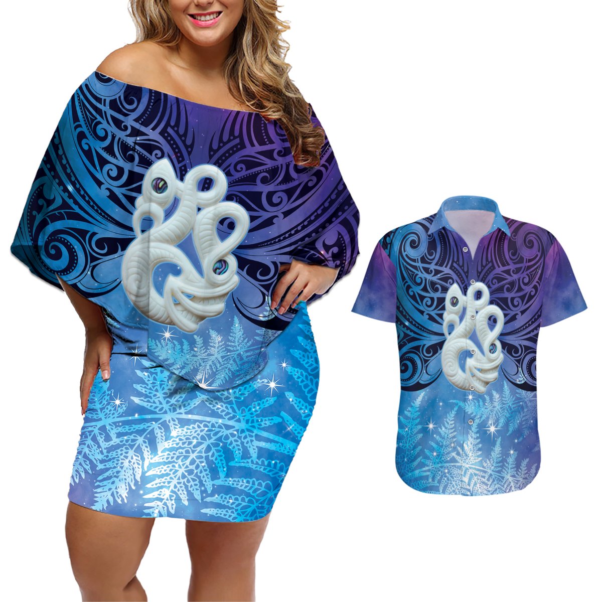 New Zealand Matariki Couples Matching Off Shoulder Short Dress and Hawaiian Shirt Aotearoa Maori New Year Manaia Galaxy Vibes LT14 Blue - Polynesian Pride