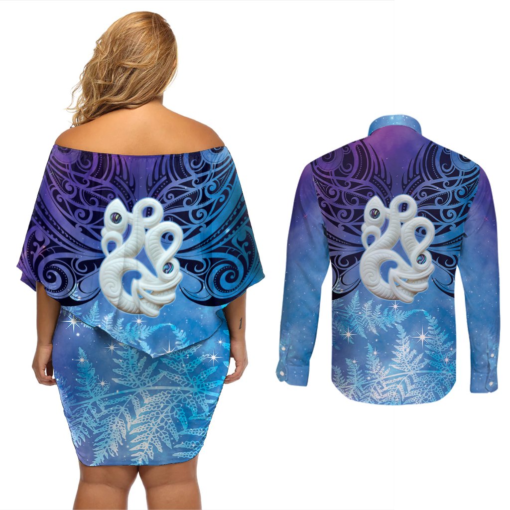 New Zealand Matariki Couples Matching Off Shoulder Short Dress and Long Sleeve Button Shirt Aotearoa Maori New Year Manaia Galaxy Vibes LT14 - Polynesian Pride