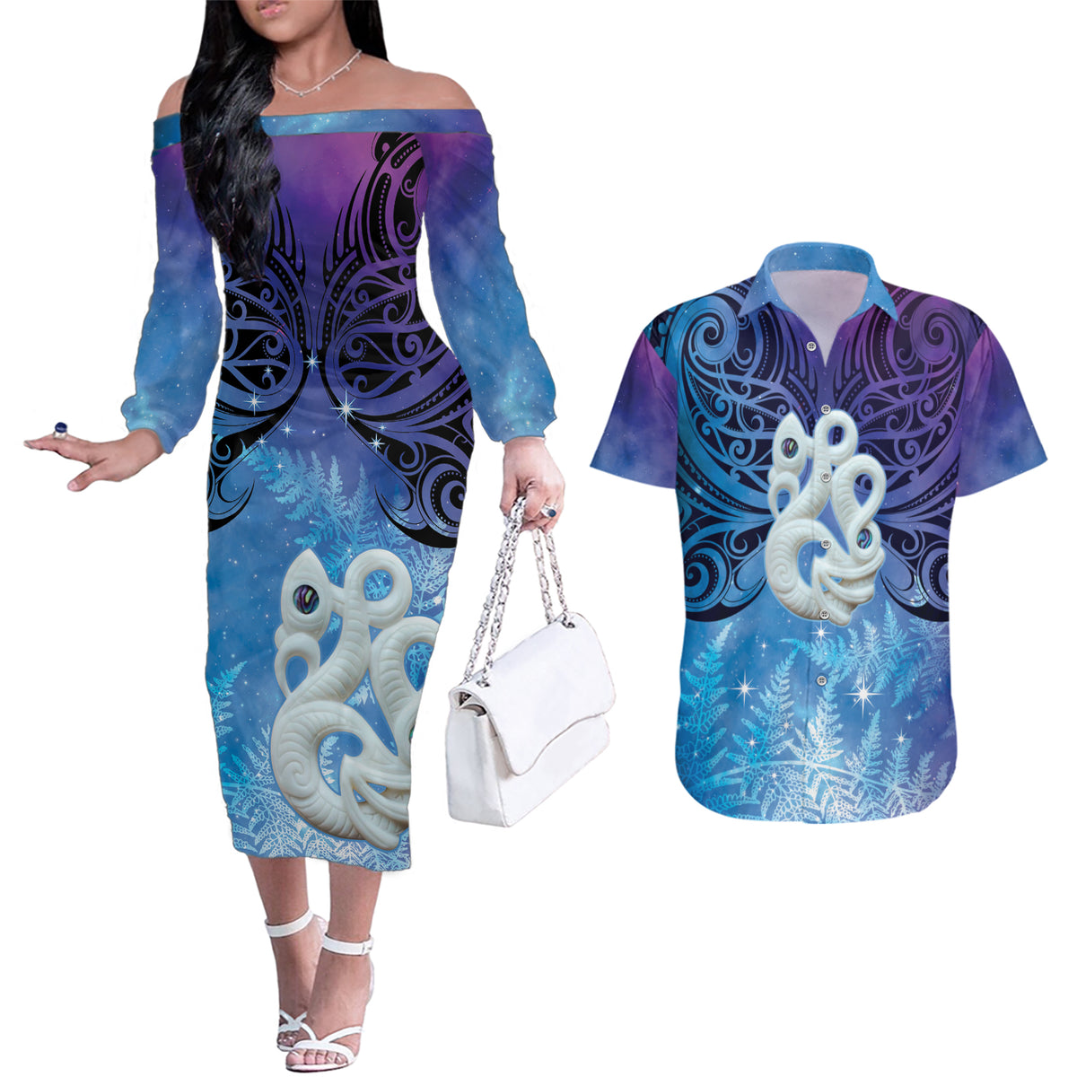 New Zealand Matariki Couples Matching Off The Shoulder Long Sleeve Dress and Hawaiian Shirt Aotearoa Maori New Year Manaia Galaxy Vibes LT14 Blue - Polynesian Pride