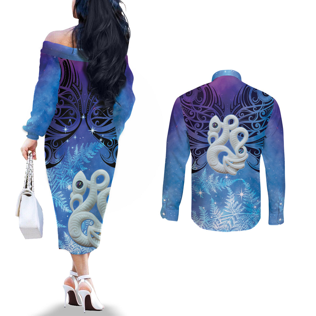 New Zealand Matariki Couples Matching Off The Shoulder Long Sleeve Dress and Long Sleeve Button Shirt Aotearoa Maori New Year Manaia Galaxy Vibes LT14 - Polynesian Pride