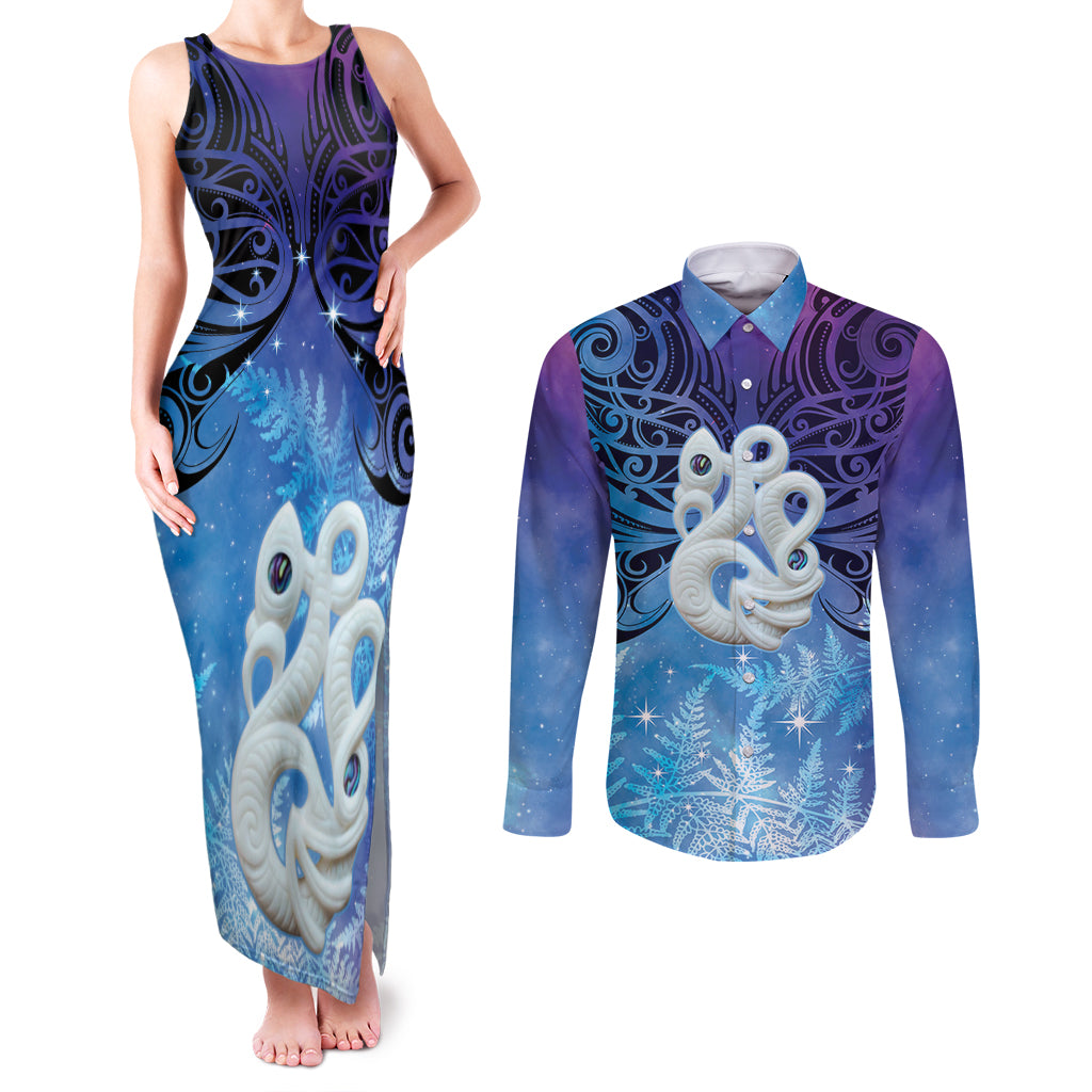 New Zealand Matariki Couples Matching Tank Maxi Dress and Long Sleeve Button Shirt Aotearoa Maori New Year Manaia Galaxy Vibes LT14 Blue - Polynesian Pride