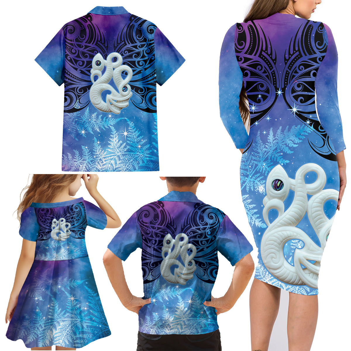 New Zealand Matariki Family Matching Long Sleeve Bodycon Dress and Hawaiian Shirt Aotearoa Maori New Year Manaia Galaxy Vibes LT14 - Polynesian Pride