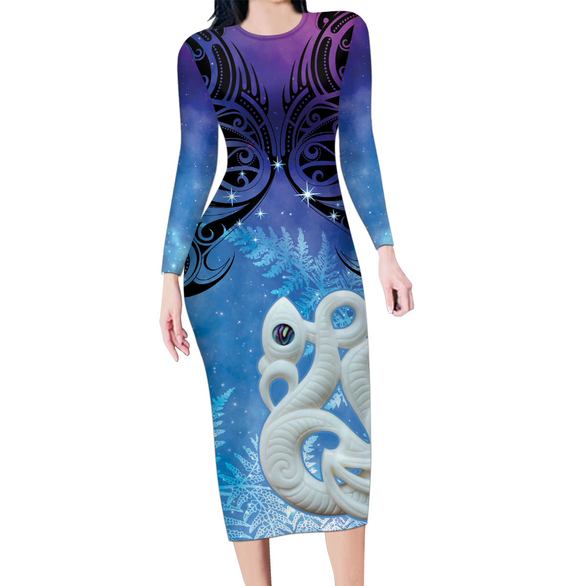 New Zealand Matariki Family Matching Long Sleeve Bodycon Dress and Hawaiian Shirt Aotearoa Maori New Year Manaia Galaxy Vibes LT14 Mom's Dress Blue - Polynesian Pride