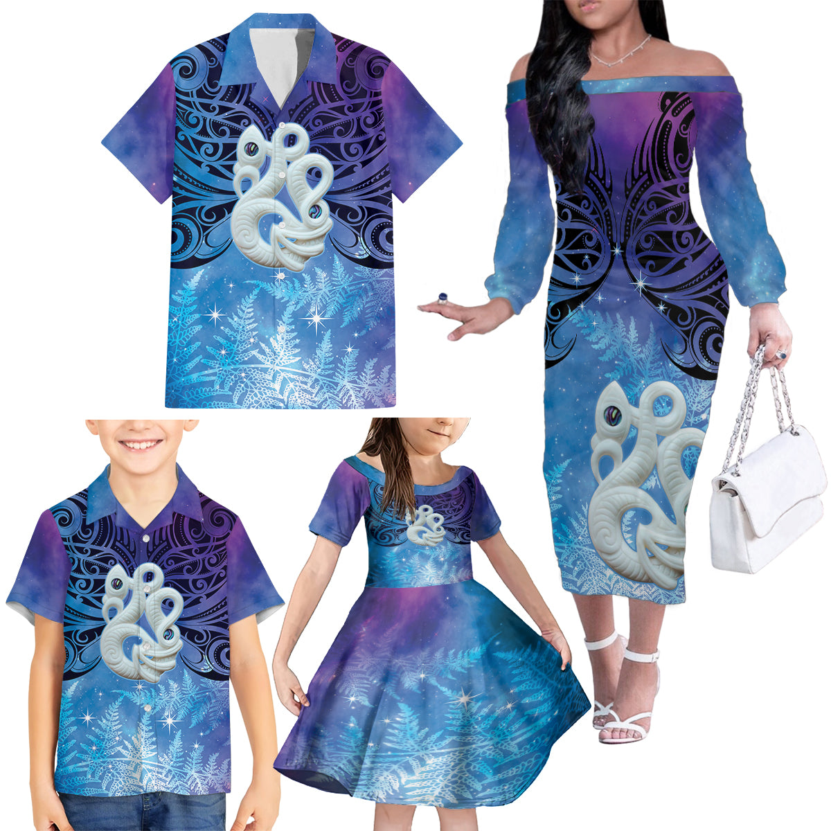 New Zealand Matariki Family Matching Off The Shoulder Long Sleeve Dress and Hawaiian Shirt Aotearoa Maori New Year Manaia Galaxy Vibes LT14 - Polynesian Pride