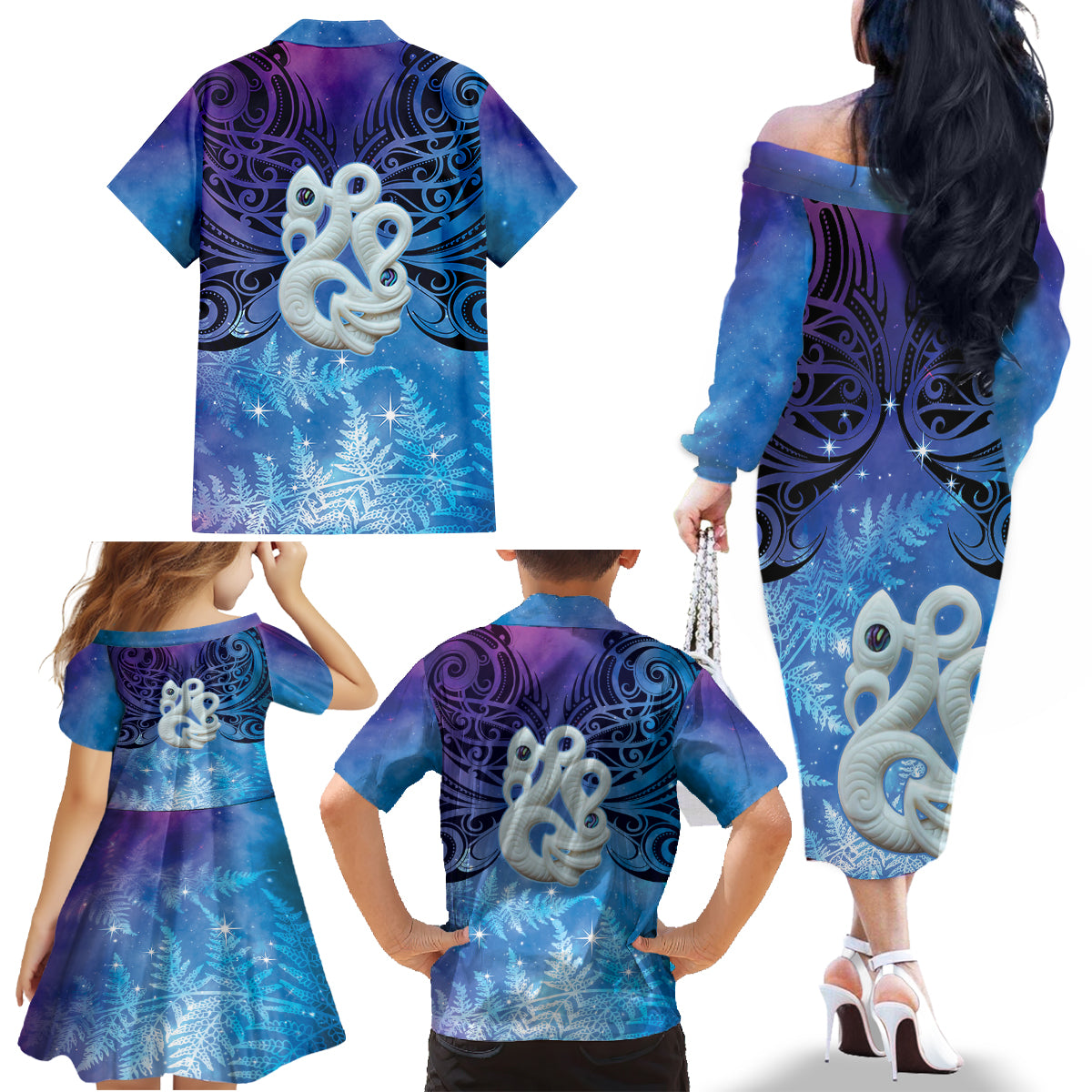 New Zealand Matariki Family Matching Off The Shoulder Long Sleeve Dress and Hawaiian Shirt Aotearoa Maori New Year Manaia Galaxy Vibes LT14 - Polynesian Pride