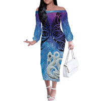 New Zealand Matariki Family Matching Off The Shoulder Long Sleeve Dress and Hawaiian Shirt Aotearoa Maori New Year Manaia Galaxy Vibes LT14 Mom's Dress Blue - Polynesian Pride