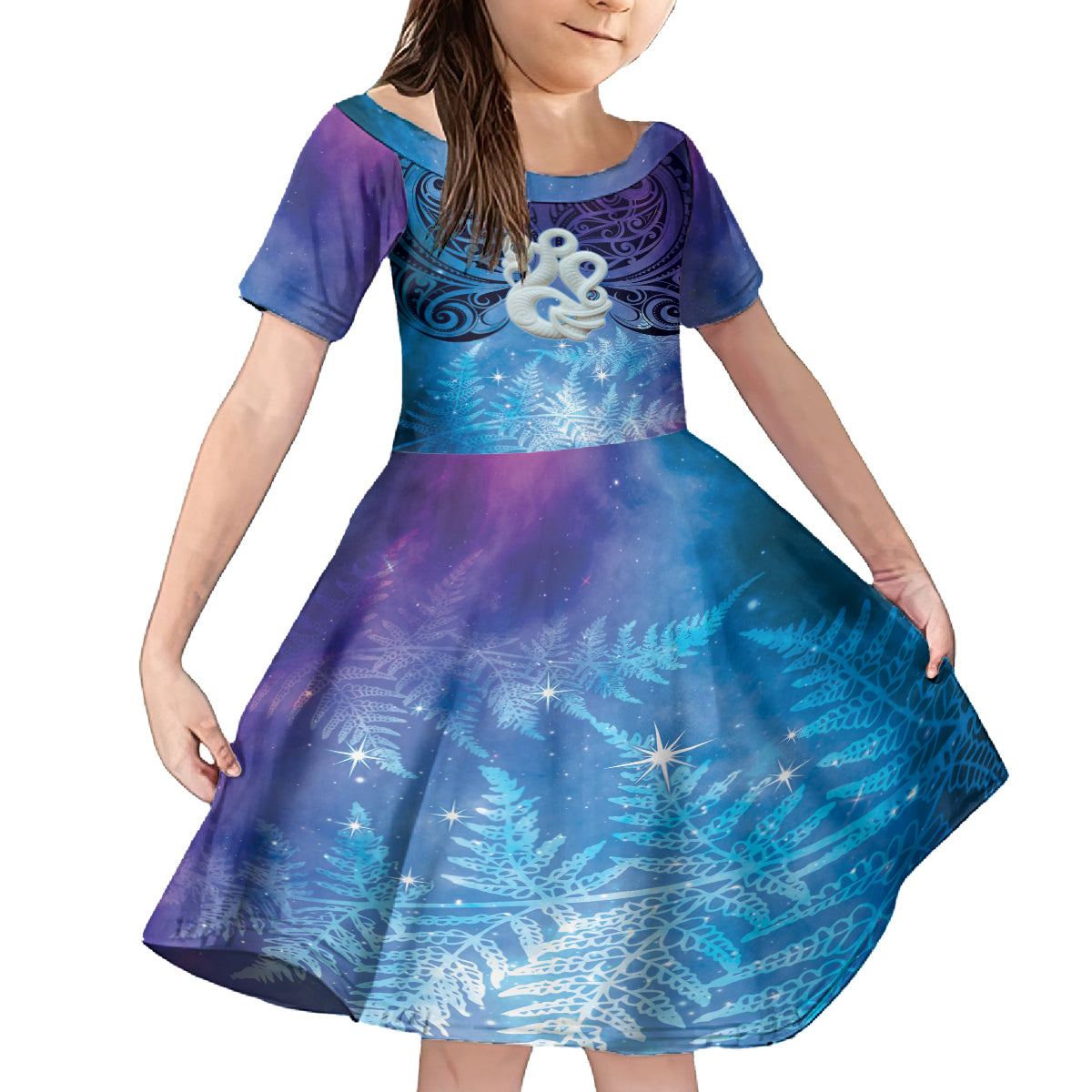 New Zealand Matariki Family Matching Puletasi and Hawaiian Shirt Aotearoa Maori New Year Manaia Galaxy Vibes LT14 Daughter's Dress Blue - Polynesian Pride